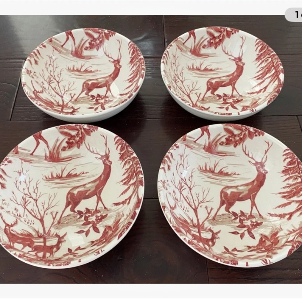 Pottery Barn Red Alpine Toile Set of 4 Cereal Soup Bowls French Country Stag
